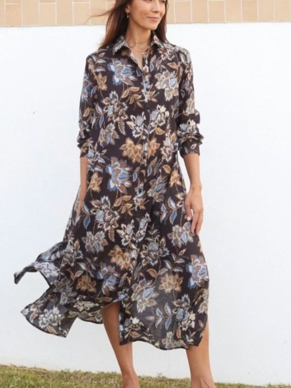 MAYE Issa Floral Button Down Tie Waist Midi Shirtdress